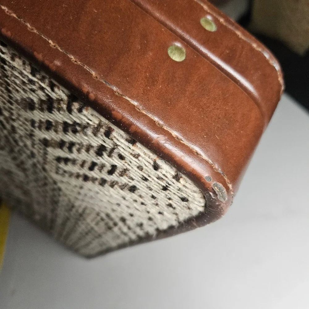Vintage Hardshell Tweed Suitcase Brown Chevron Woven Luggage with Keys 1960s